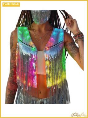 Women's LED Light Up Sequin Fringe Vest Sparkly Shiny Glitter Jacket Cardigan